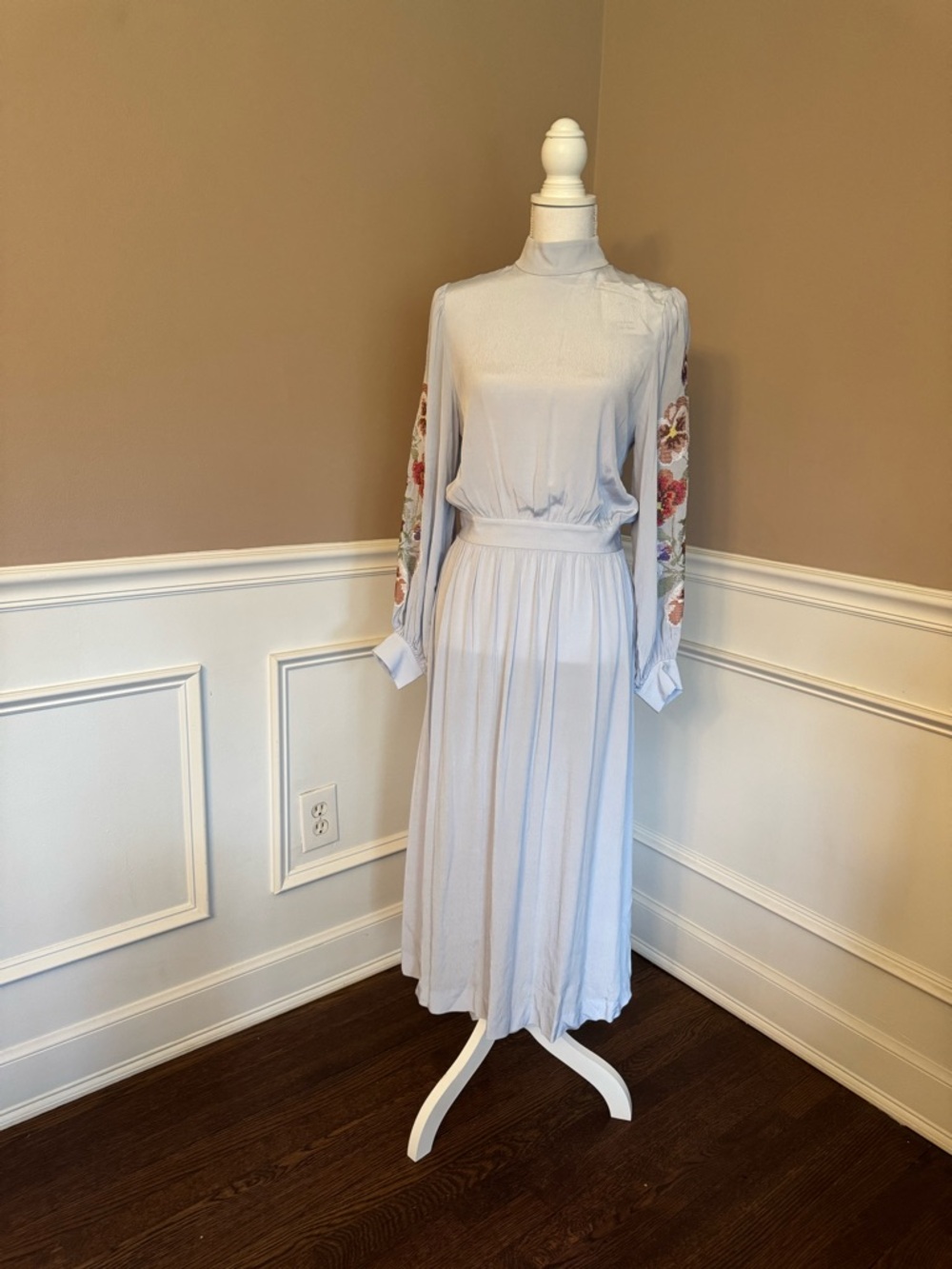 & Other Stories Pale Blue Maxi Dress with Floral Embroidered Sleeves